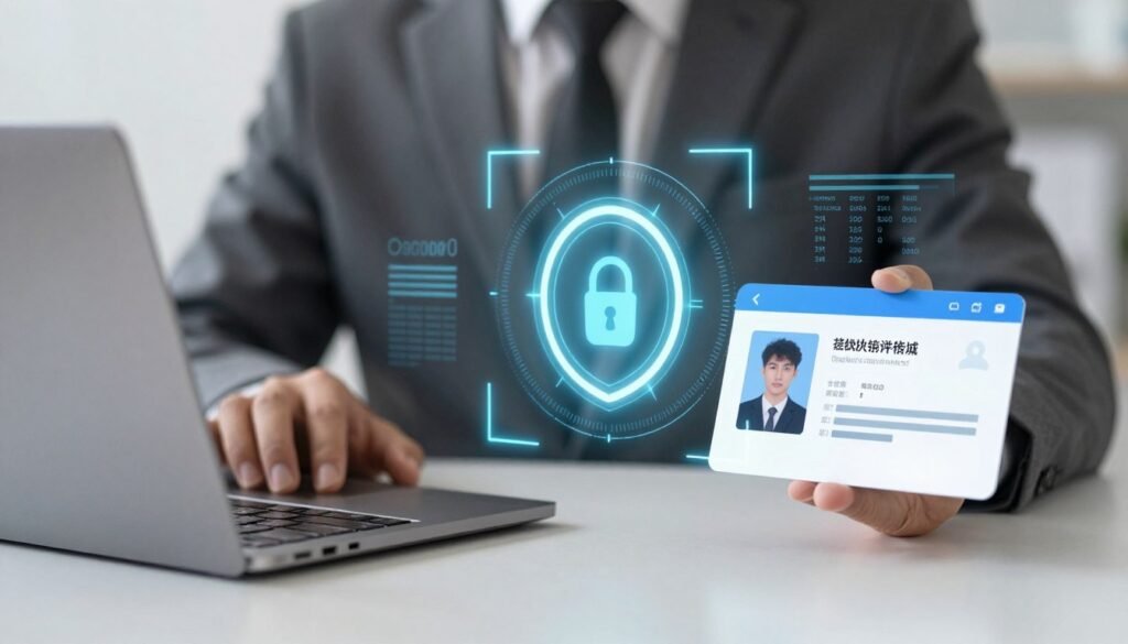 Futuristic digital identity verification concept showing biometric and blockchain security